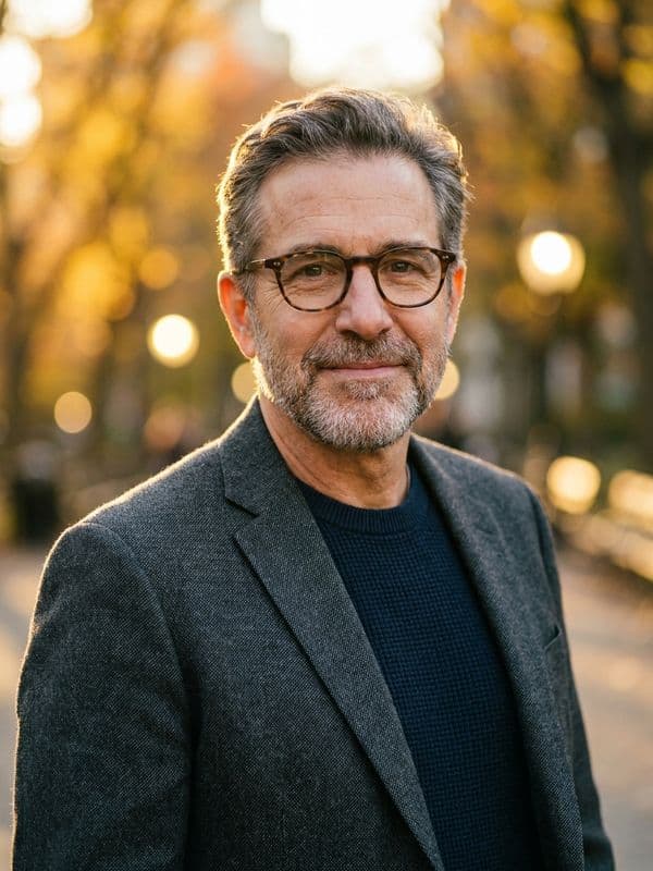 AI-generated example of an Outdoor Professional headshot: golden-hour light with a soft city background
